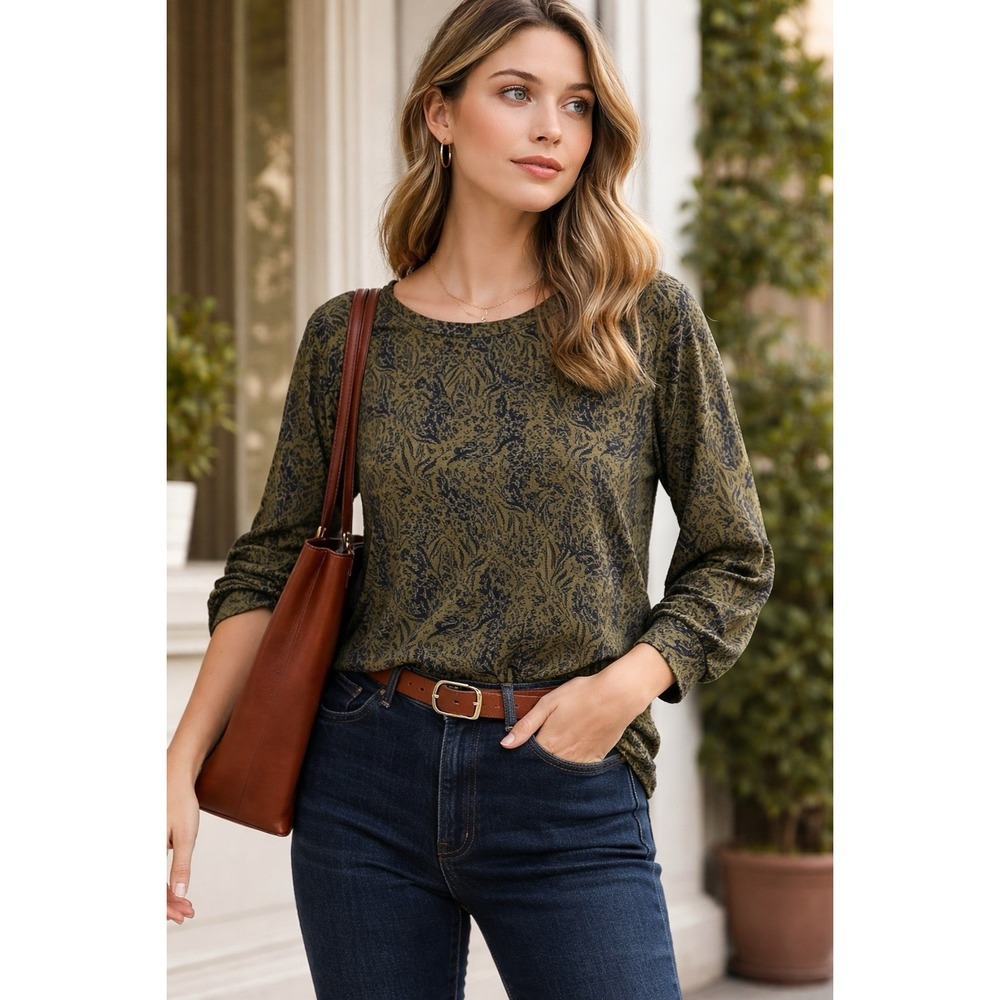 Melloday Olive Botanical Print Tunic Blouse Women's XL Long Sleeve Fall